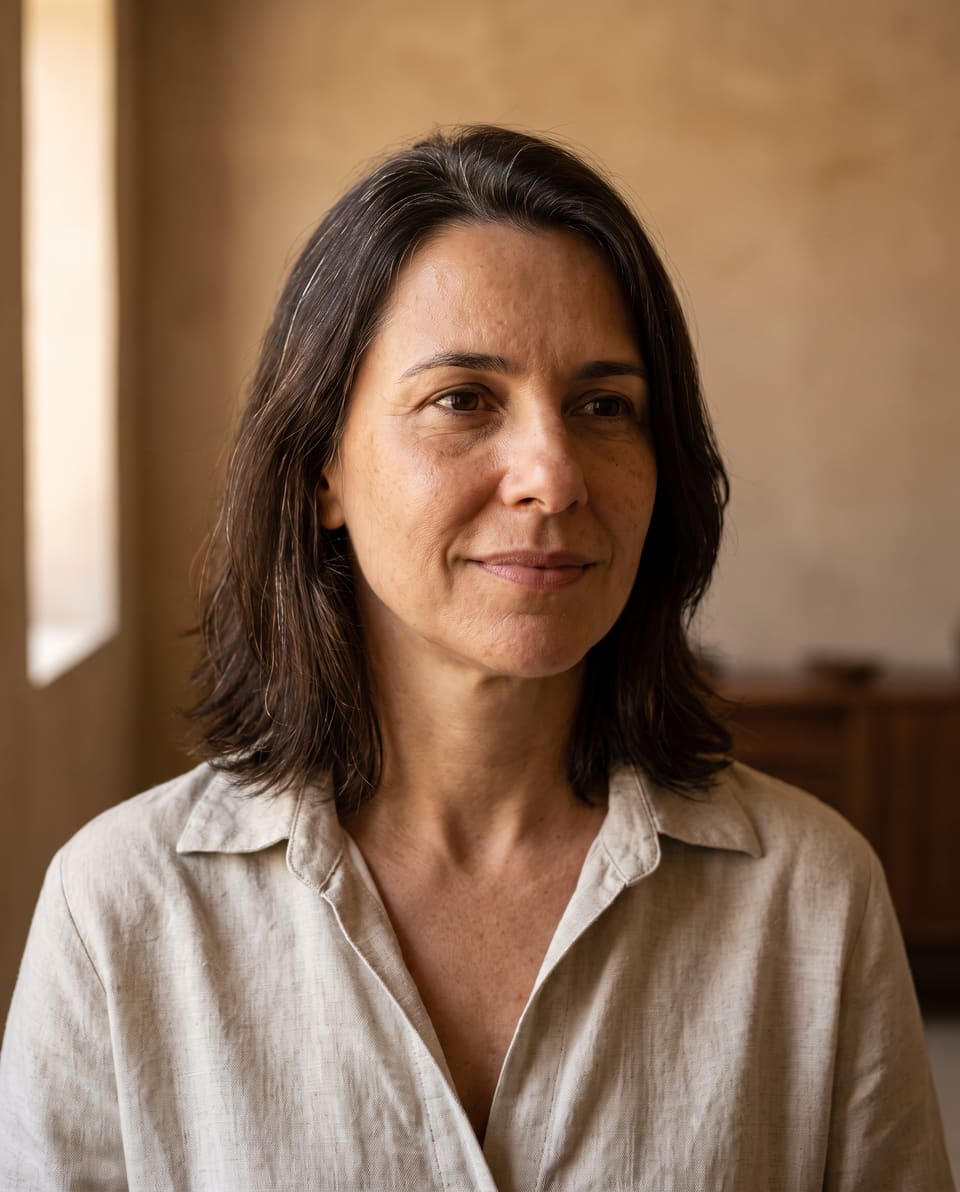 Retrato de uma mulher fictícia de cerca de 48 anos, cabelos escuros na altura dos ombros e camisa de linho clara, com expressão tranquila e luz lateral quente.